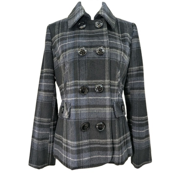 Maralyn & Me Jackets & Blazers - Maralyn & Me Gray and Black Wool Blend Plaid Peacoat Women's Size Medium